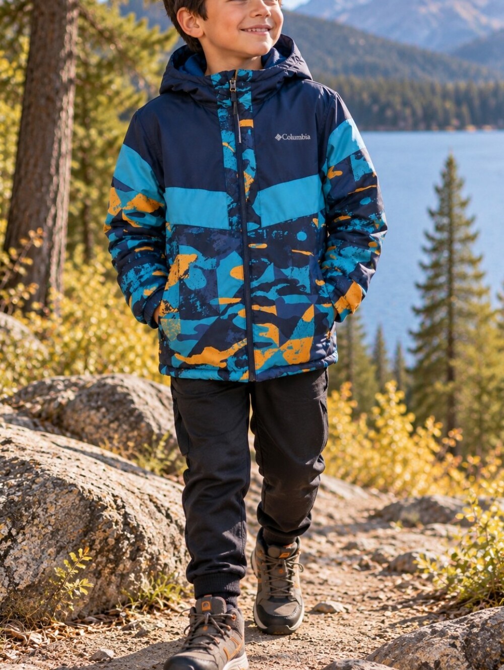 Columbia Kids Colorblock Waterproof Hooded Jacket Navy Teal Mustard Outdoor
